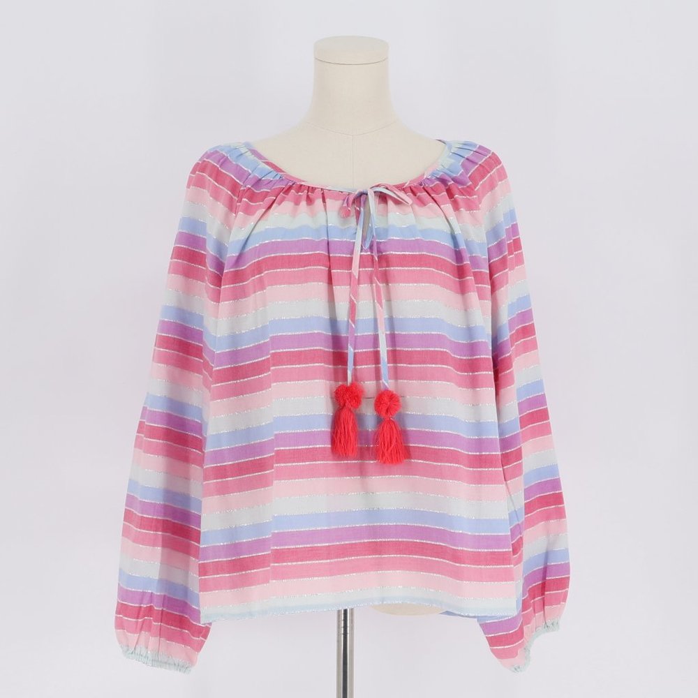 NWT J. Crew Peasant Top in Metallic Pastel Stripe Front Tassel Tie Size L